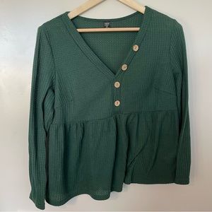 Shein Curve 0XL Green Peplum Top Waffle Knit Buttons Casual Long Cropped Sleeve